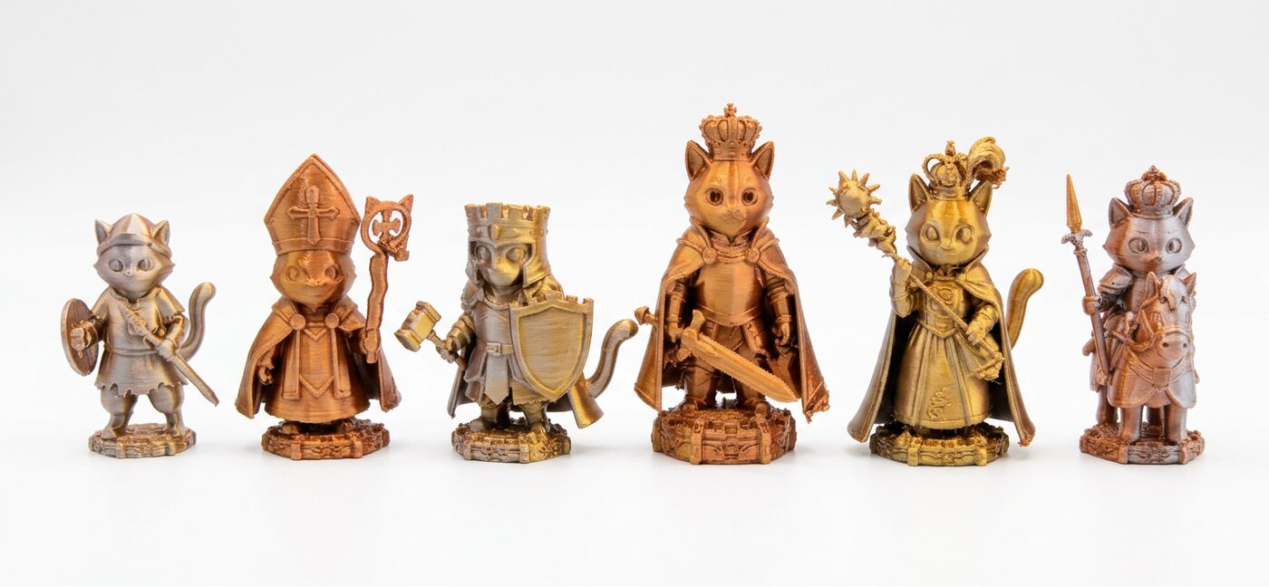 Cat Warrior Chess Set — six sculpted character pieces in bronze and gold