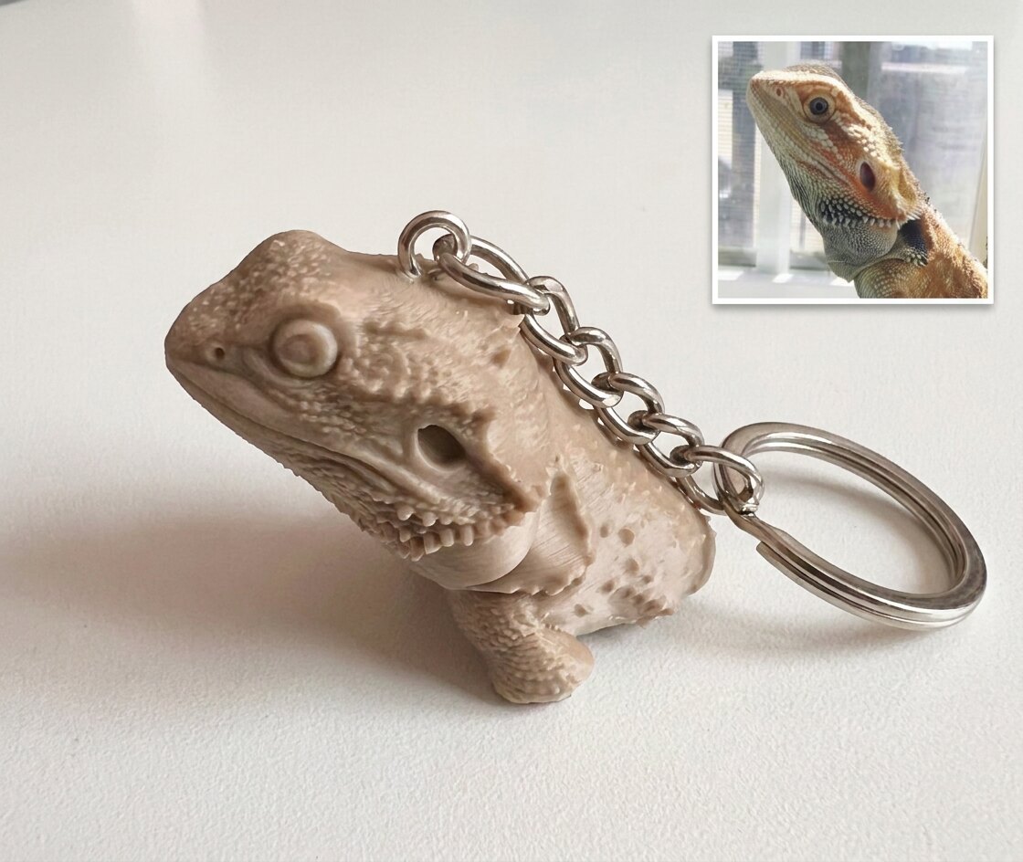 A bearded dragon's photo beside the 3D-printed keychain sculpted from it